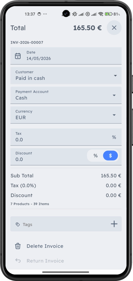 Invoice details — customer, payment, tax, discount