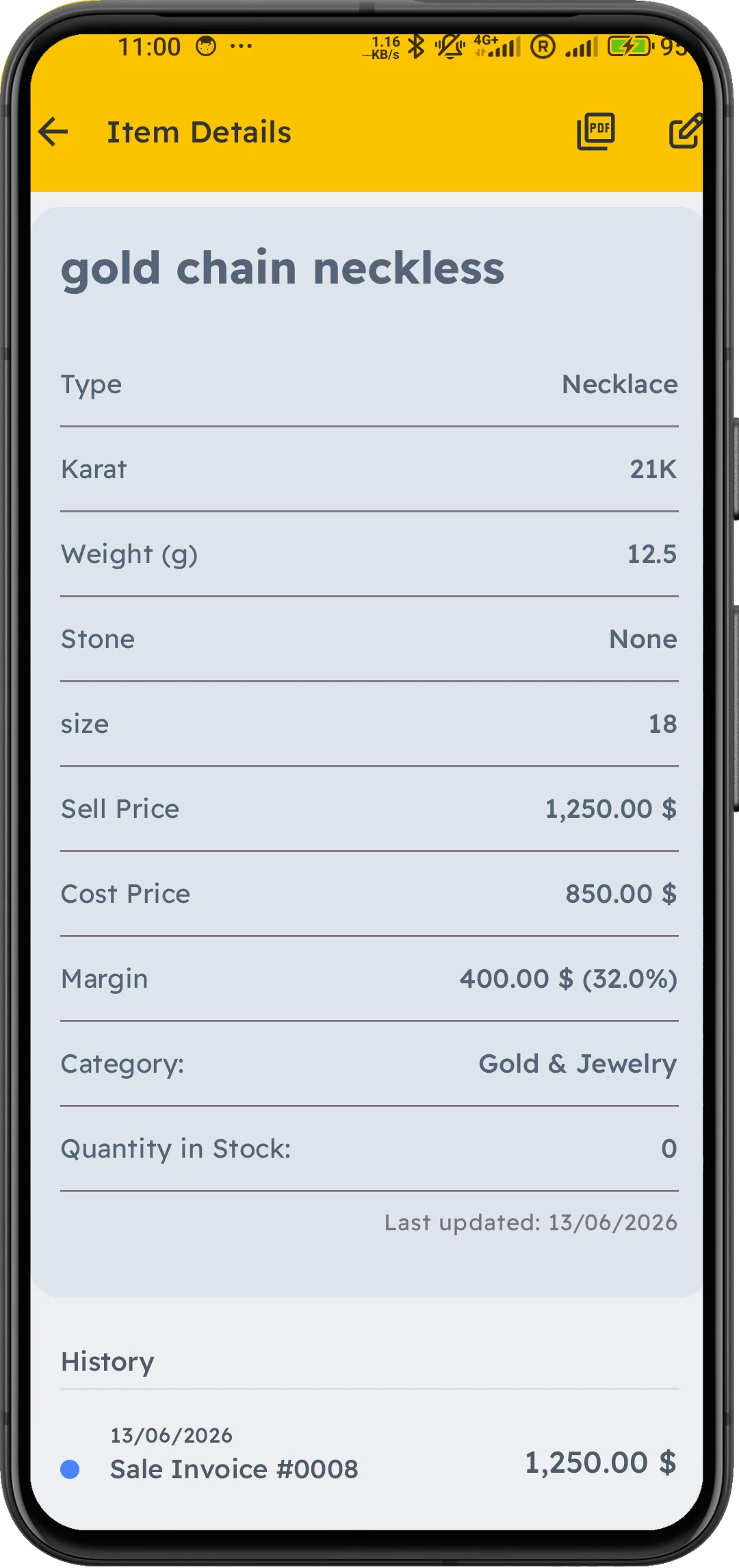 Unique item detail screen showing custom fields